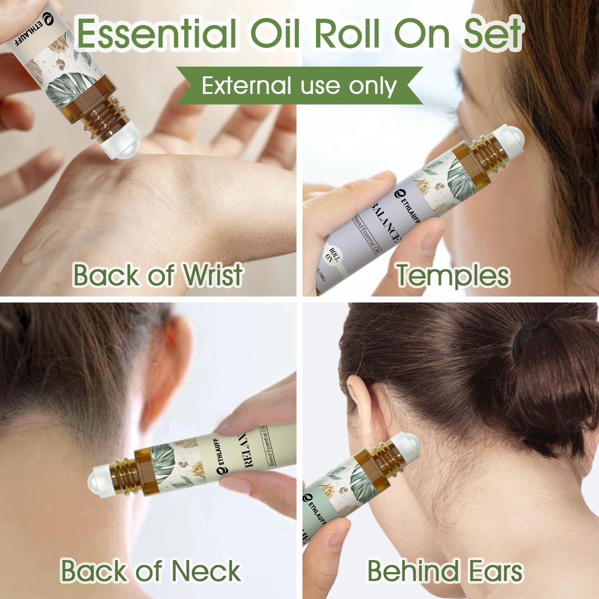 Ethlauff Ätherische Öle Roll-On Set - (Entspannung, Schlaf, Atmung, Konzentration) Aromatherapieöl mit Rollkugel, Hautpflegeöl - Selbstpflege-Geschenk für Frauen