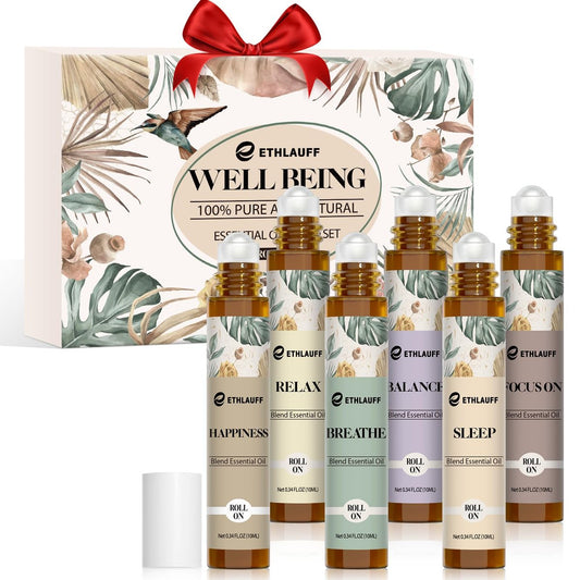 Ethlauff Ätherische Öle Roll-On Set - (Entspannung, Schlaf, Atmung, Konzentration) Aromatherapieöl mit Rollkugel, Hautpflegeöl - Selbstpflege-Geschenk für Frauen