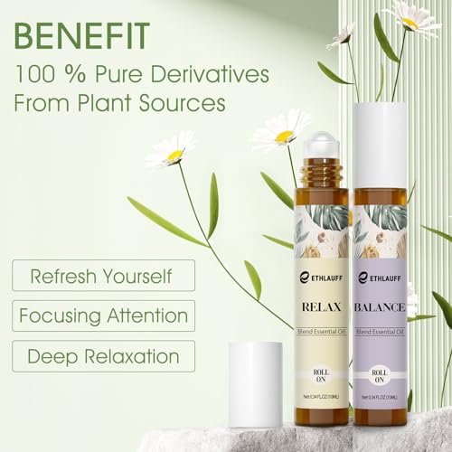 Ethlauff Ätherische Öle Roll-On Set - (Entspannung, Schlaf, Atmung, Konzentration) Aromatherapieöl mit Rollkugel, Hautpflegeöl - Selbstpflege-Geschenk für Frauen