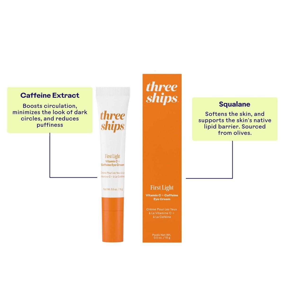 Three Ships – First Light Vitamin C + Koffein Augencreme | Entschwellen, Aufwachen, Hydratisieren der Augenpartie | Tierversuchsfrei, Vegan, Parabenfrei, Für empfindliche Haut geeignet (0,5 oz | 15 g)