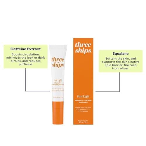 Three Ships – First Light Vitamin C + Koffein Augencreme | Entschwellen, Aufwachen, Hydratisieren der Augenpartie | Tierversuchsfrei, Vegan, Parabenfrei, Für empfindliche Haut geeignet (0,5 oz | 15 g)