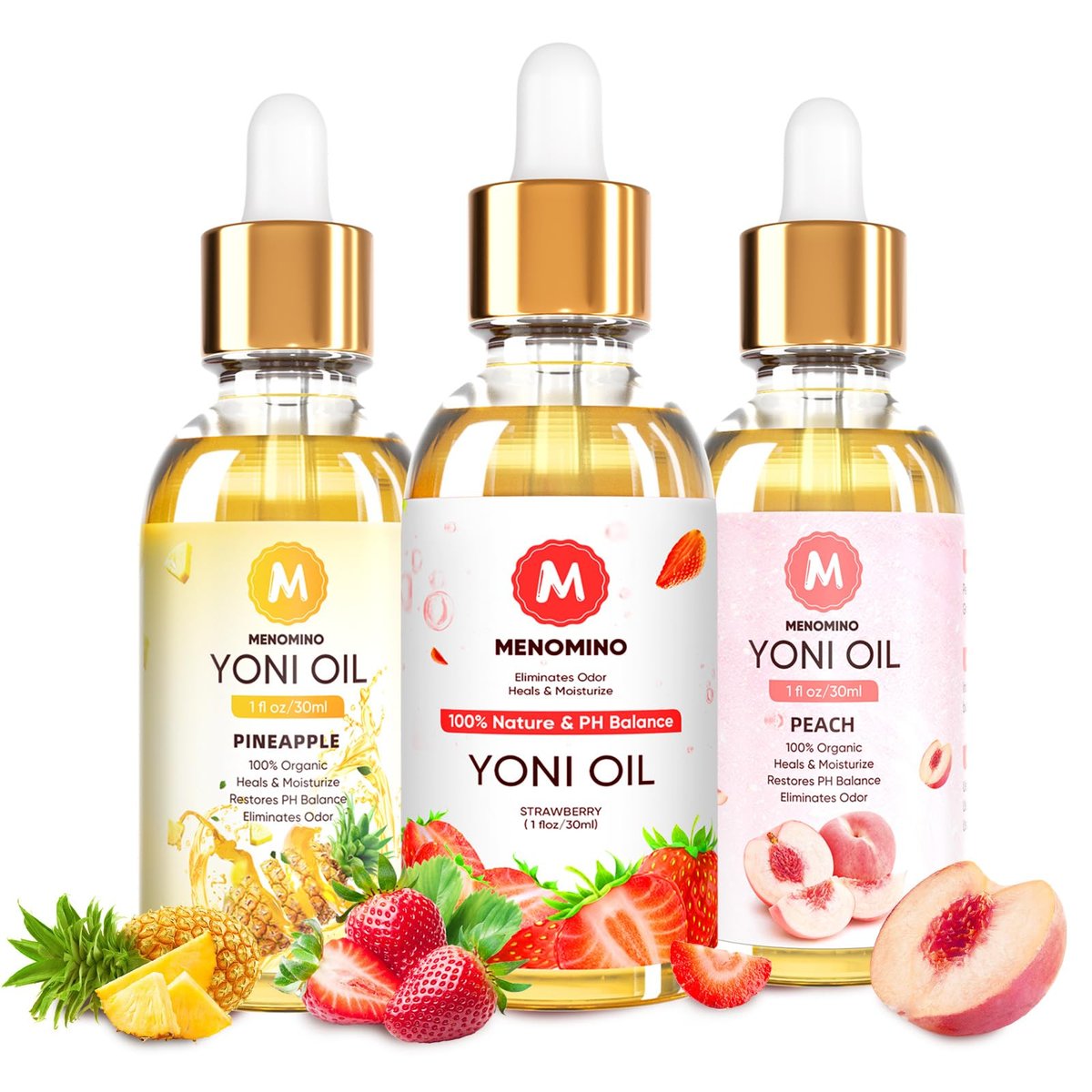 3er Pack Yoni Öl – Femininöl für den pH-Wert der Frau – Feminin Deodorant mit Ananas, Pfirsich und Erdbeer-ätherischen Ölen, 1 fl oz/Stück