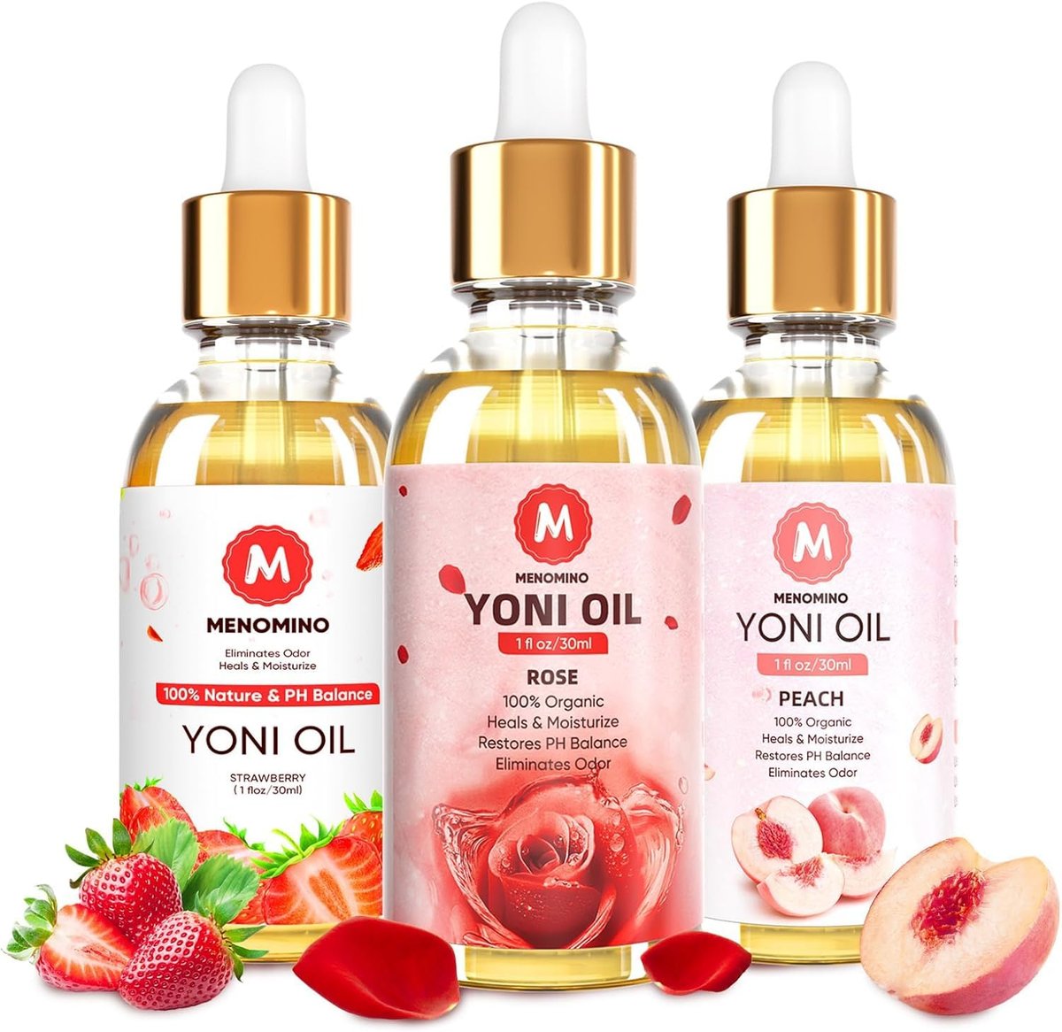 3er Pack Yoni-Öl Bio – Femininöl für den pH-Wert der Frau – Intimdeodorant – Vaginalfeuchtigkeitscreme – Beseitigt Gerüche mit natürlichem Pfirsich-, Erdbeer- und Rosenöl, 1 fl oz/Stück