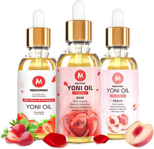 3er Pack Yoni-Öl Bio – Femininöl für den pH-Wert der Frau – Intimdeodorant – Vaginalfeuchtigkeitscreme – Beseitigt Gerüche mit natürlichem Pfirsich-, Erdbeer- und Rosenöl, 1 fl oz/Stück