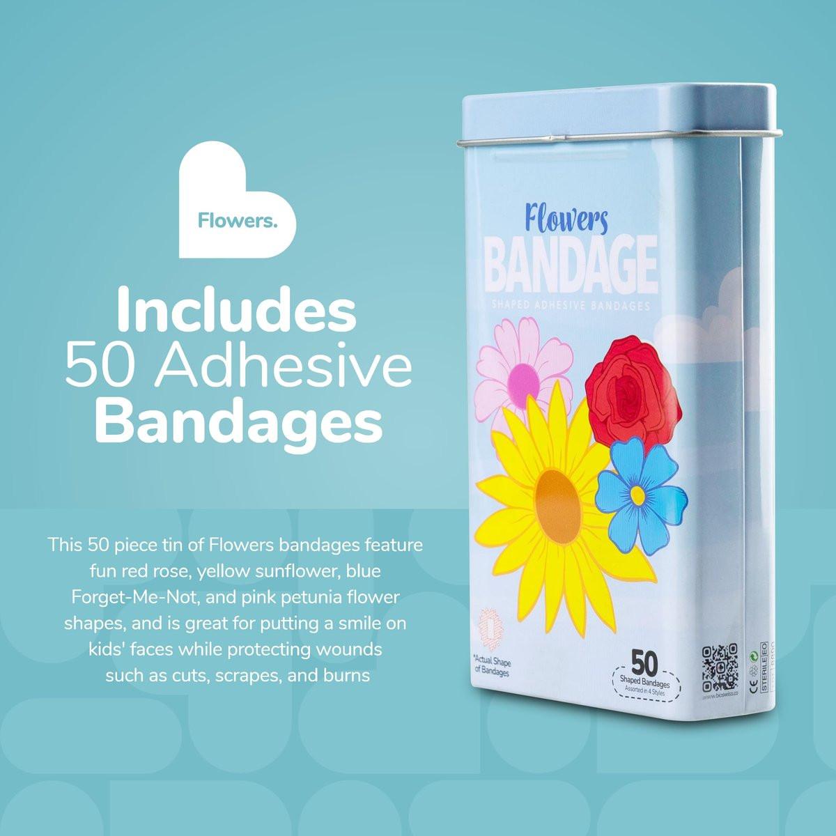 BioSwiss Pflaster Blumenform, selbstklebend, 50 Stück in Metalldose, latexfreie Wundversorgung