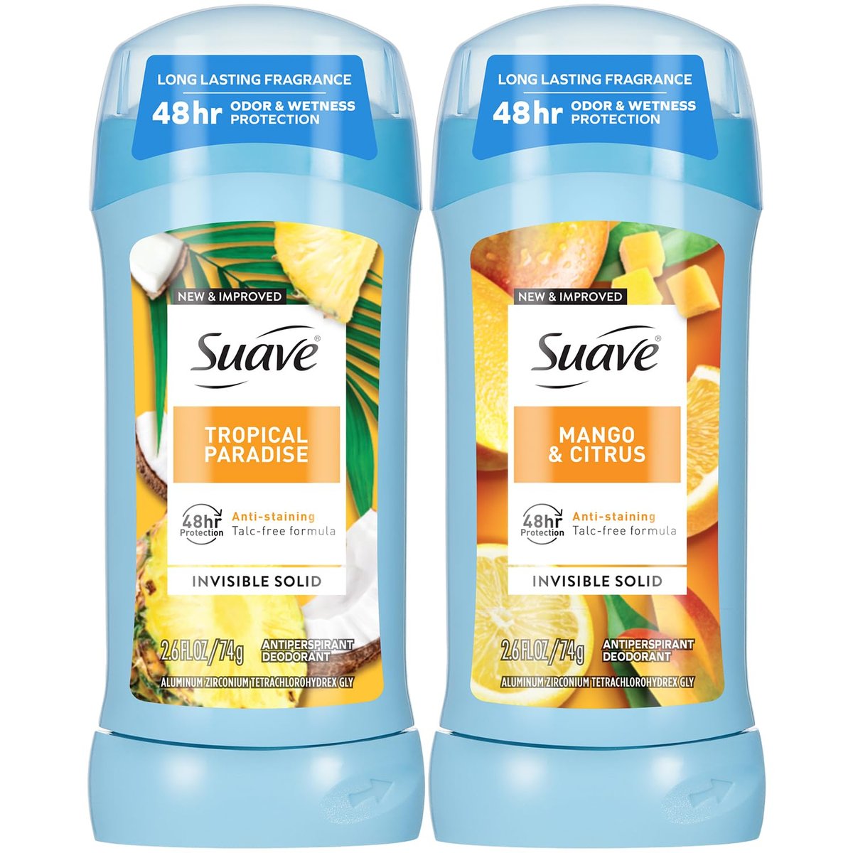 Suave Antitranspirant-Deodorant für Frauen, Tropical Paradise + Mango & Citrus Varianten 2er-Pack – Anti-Flecken unsichtbare feste Sticks, talkumfrei, 2,6 oz pro Stick