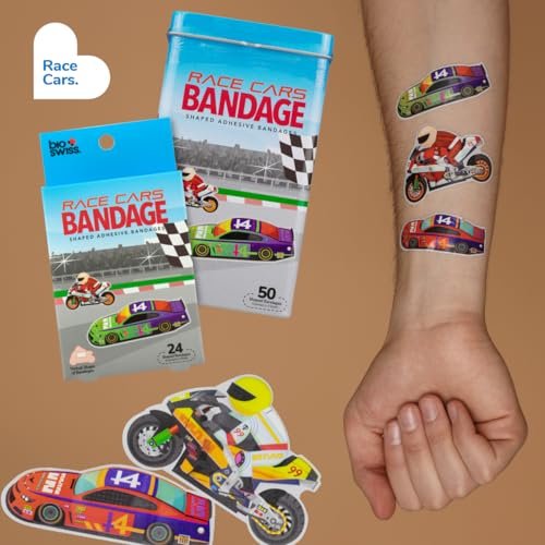 BioSwiss Pflaster, Rennwagen Motiv, selbstklebend, latexfreie, sterile Wundversorgung, 50 Stück