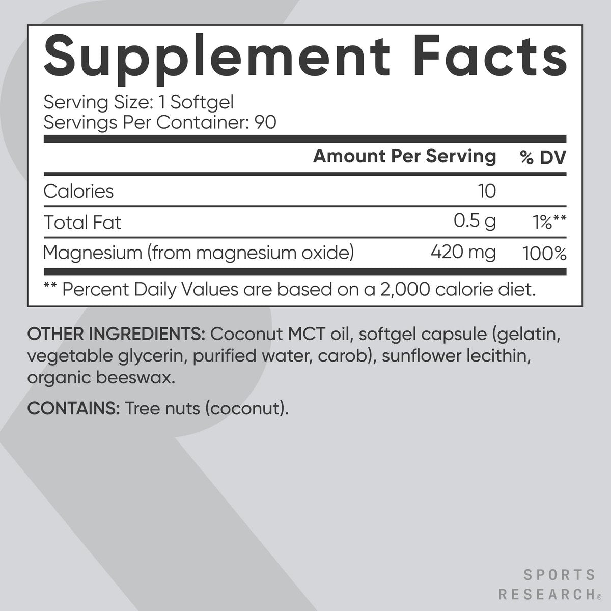 Sports Research® Magnesiumoxid 420 mg mit Kokos-MCT-Öl – Magnesiumpräparat für Muskel-, Nerven- und Knochenunterstützung* – glutenfrei, nicht gentechnisch verändert – 90 Softgels