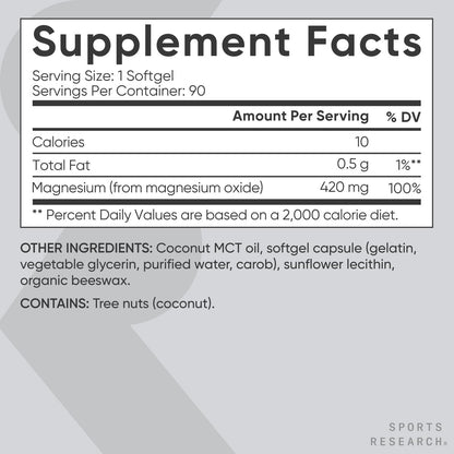 Sports Research® Magnesiumoxid 420 mg mit Kokos-MCT-Öl – Magnesiumpräparat für Muskel-, Nerven- und Knochenunterstützung* – glutenfrei, nicht gentechnisch verändert – 90 Softgels