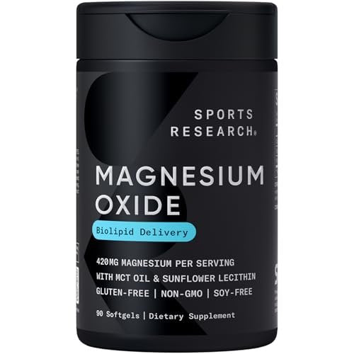 Sports Research® Magnesiumoxid 420 mg mit Kokos-MCT-Öl – Magnesiumpräparat für Muskel-, Nerven- und Knochenunterstützung* – glutenfrei, nicht gentechnisch verändert – 90 Softgels