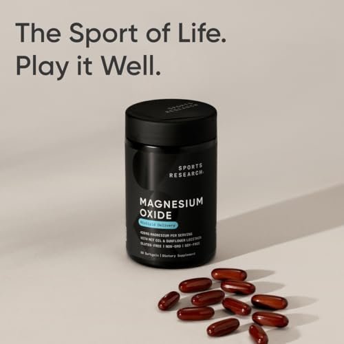 Sports Research® Magnesiumoxid 420 mg mit Kokos-MCT-Öl – Magnesiumpräparat für Muskel-, Nerven- und Knochenunterstützung* – glutenfrei, nicht gentechnisch verändert – 90 Softgels