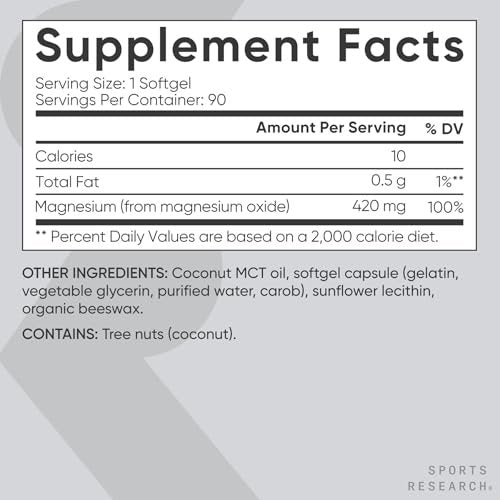 Sports Research® Magnesiumoxid 420 mg mit Kokos-MCT-Öl – Magnesiumpräparat für Muskel-, Nerven- und Knochenunterstützung* – glutenfrei, nicht gentechnisch verändert – 90 Softgels
