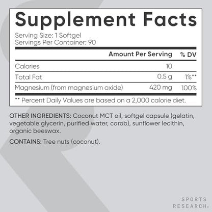 Sports Research® Magnesiumoxid 420 mg mit Kokos-MCT-Öl – Magnesiumpräparat für Muskel-, Nerven- und Knochenunterstützung* – glutenfrei, nicht gentechnisch verändert – 90 Softgels