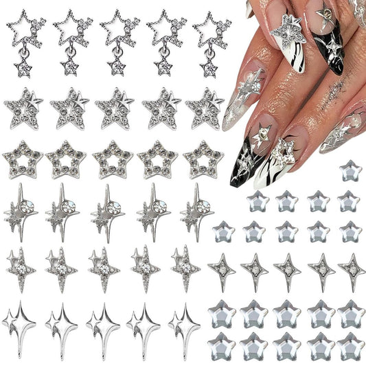 KACHIMOO 55-teilige Y2K Stern-Nagelverzierungen - 3D Nagelkunst Sterne, silberne Strasssteine für Frauen & Mädchen (9 Stile)