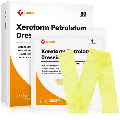 Carbou Medical Xeroform Petrolatum Verband 1"x8" - 50 einzeln verpackte, nicht haftende Gaze-Pads für Wundversorgung, Verbrennungen, Schürfwunden, Hauttransplantate und chirurgische Einschnitte