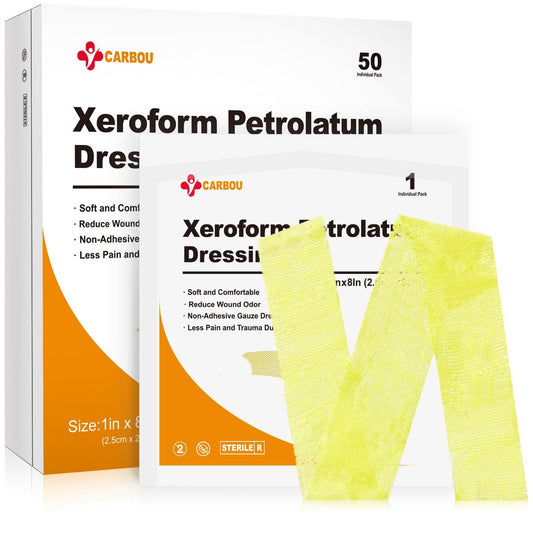 Carbou Medical Xeroform Petrolatum Verband 1"x8" - 50 einzeln verpackte, nicht haftende Gaze-Pads für Wundversorgung, Verbrennungen, Schürfwunden, Hauttransplantate und chirurgische Einschnitte