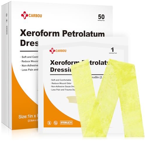 Carbou Medical Xeroform Petrolatum Verband 1"x8" - 50 einzeln verpackte, nicht haftende Gaze-Pads für Wundversorgung, Verbrennungen, Schürfwunden, Hauttransplantate und chirurgische Einschnitte