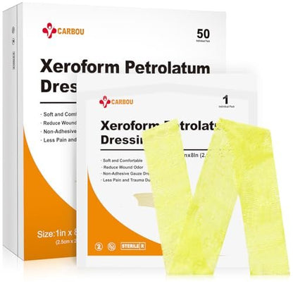 Carbou Medical Xeroform Petrolatum Verband 1"x8" - 50 einzeln verpackte, nicht haftende Gaze-Pads für Wundversorgung, Verbrennungen, Schürfwunden, Hauttransplantate und chirurgische Einschnitte