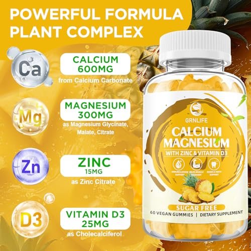 Calcium Magnesium Zink Gummibärchen mit Vitamin D3, Zuckerfrei, für Frauen und Männer, Hochdosiert, für Knochen-, Muskel- und Immunsystem-Gesundheit, Ananasgeschmack - 60 Stück