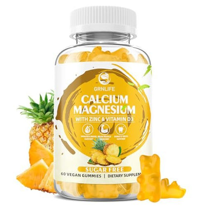 Calcium Magnesium Zink Gummibärchen mit Vitamin D3, Zuckerfrei, für Frauen und Männer, Hochdosiert, für Knochen-, Muskel- und Immunsystem-Gesundheit, Ananasgeschmack - 60 Stück