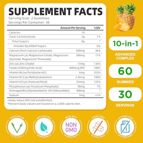 Calcium Magnesium Zink Gummibärchen mit Vitamin D3, Zuckerfrei, für Frauen und Männer, Hochdosiert, für Knochen-, Muskel- und Immunsystem-Gesundheit, Ananasgeschmack - 60 Stück