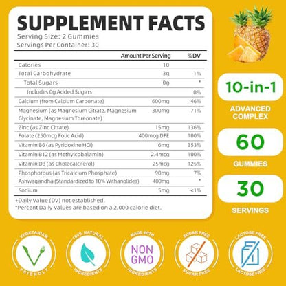 Calcium Magnesium Zink Gummibärchen mit Vitamin D3, Zuckerfrei, für Frauen und Männer, Hochdosiert, für Knochen-, Muskel- und Immunsystem-Gesundheit, Ananasgeschmack - 60 Stück