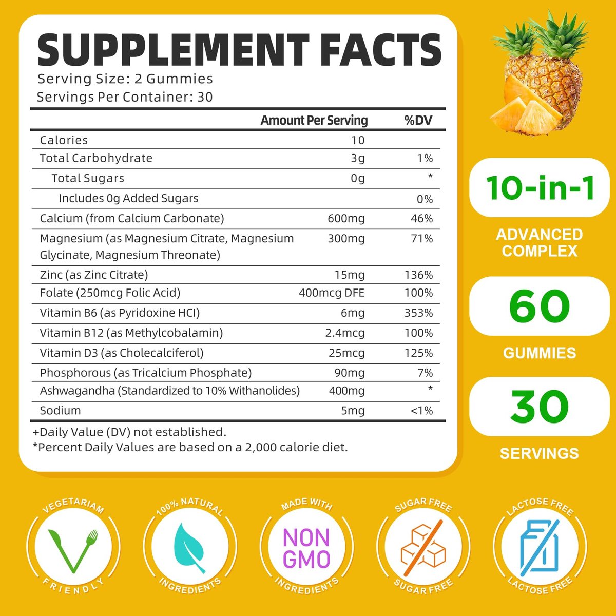 Calcium Magnesium Zink Gummibärchen mit Vitamin D3, Zuckerfrei, für Frauen und Männer, Hochdosiert, für Knochen-, Muskel- und Immunsystem-Gesundheit, Ananasgeschmack - 60 Stück