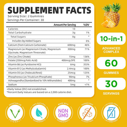Calcium Magnesium Zink Gummibärchen mit Vitamin D3, Zuckerfrei, für Frauen und Männer, Hochdosiert, für Knochen-, Muskel- und Immunsystem-Gesundheit, Ananasgeschmack - 60 Stück