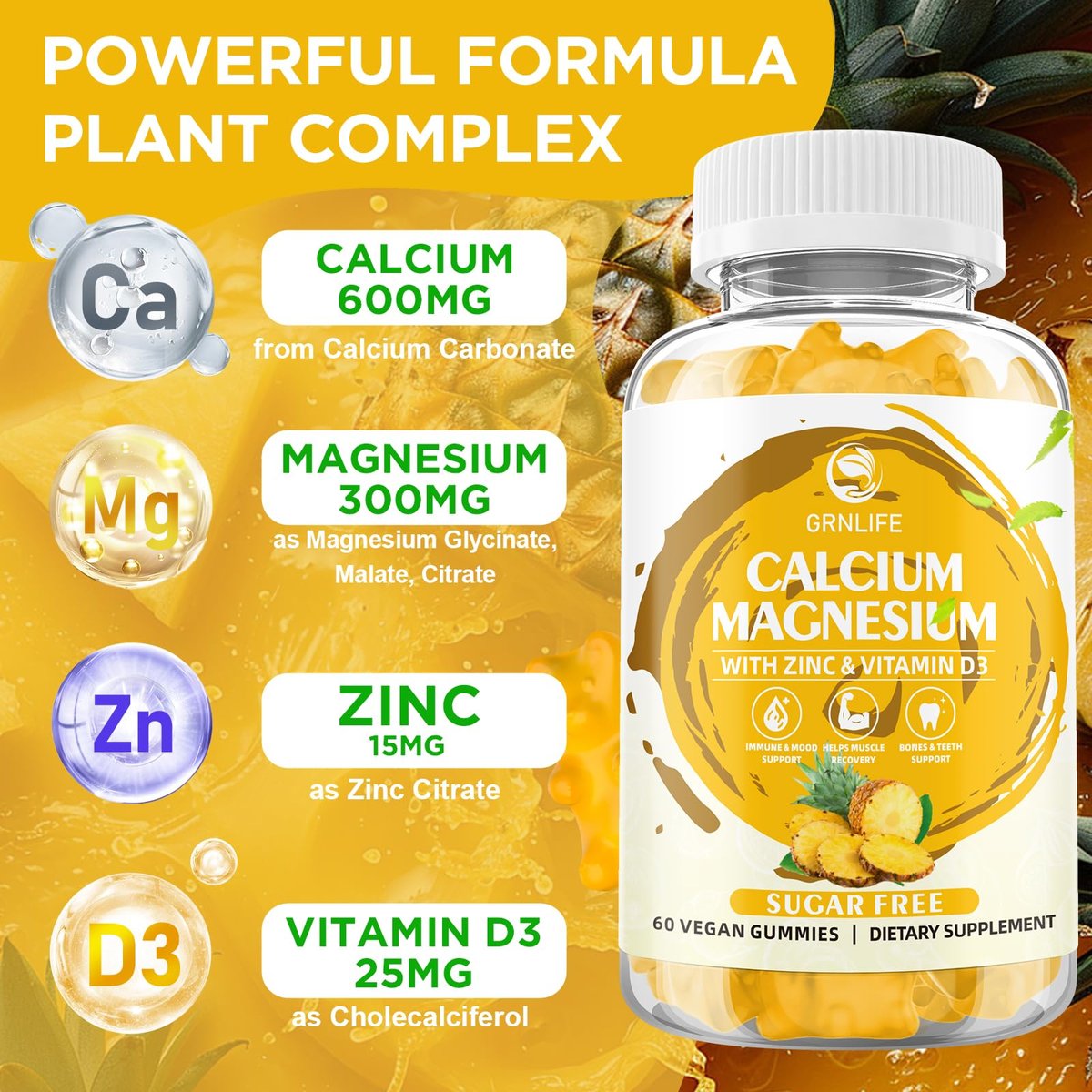Calcium Magnesium Zink Gummibärchen mit Vitamin D3, Zuckerfrei, für Frauen und Männer, Hochdosiert, für Knochen-, Muskel- und Immunsystem-Gesundheit, Ananasgeschmack - 60 Stück