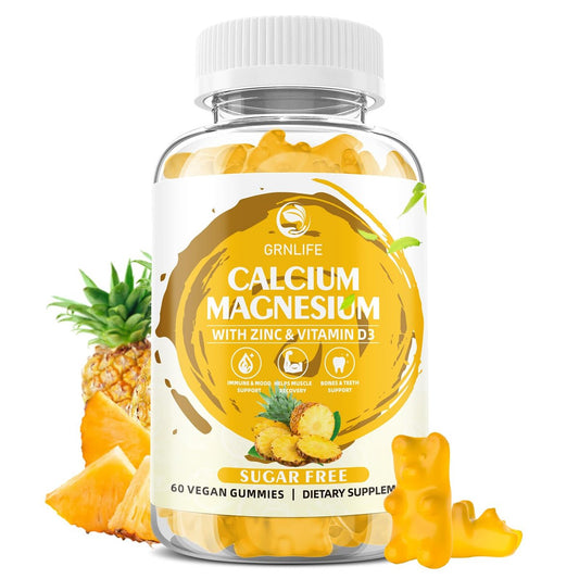 Calcium Magnesium Zink Gummibärchen mit Vitamin D3, Zuckerfrei, für Frauen und Männer, Hochdosiert, für Knochen-, Muskel- und Immunsystem-Gesundheit, Ananasgeschmack - 60 Stück