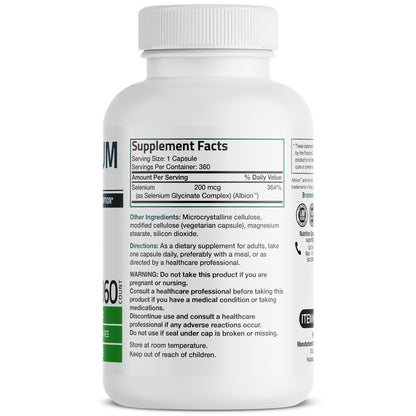 Bronson Selen 200 mcg – Hefefreier chelatierter Aminosäurekomplex - Essentielles Spurenelement mit hervorragender Absorption, 360 Kapseln