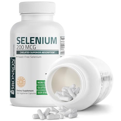 Bronson Selen 200 mcg – Hefefreier chelatierter Aminosäurekomplex - Essentielles Spurenelement mit hervorragender Absorption, 360 Kapseln