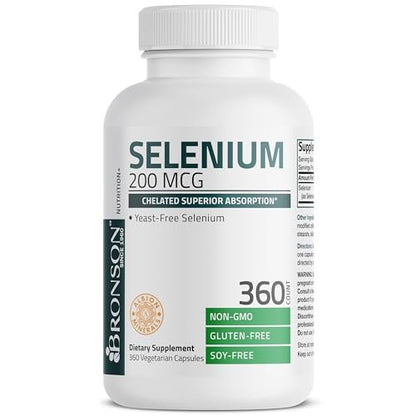 Bronson Selen 200 mcg – Hefefreier chelatierter Aminosäurekomplex - Essentielles Spurenelement mit hervorragender Absorption, 360 Kapseln