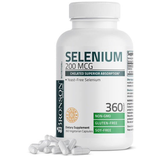 Bronson Selen 200 mcg – Hefefreier chelatierter Aminosäurekomplex - Essentielles Spurenelement mit hervorragender Absorption, 360 Kapseln