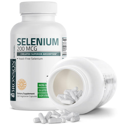 Bronson Selen 200 mcg – Hefefreier chelatierter Aminosäurekomplex - Essentielles Spurenelement mit hervorragender Absorption, 360 Kapseln