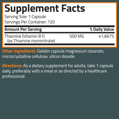 Bronson Vitamin B1 Extra Strength 500 mg – Hochdosiertes Thiamin, Non-GMO, 120 Kapseln