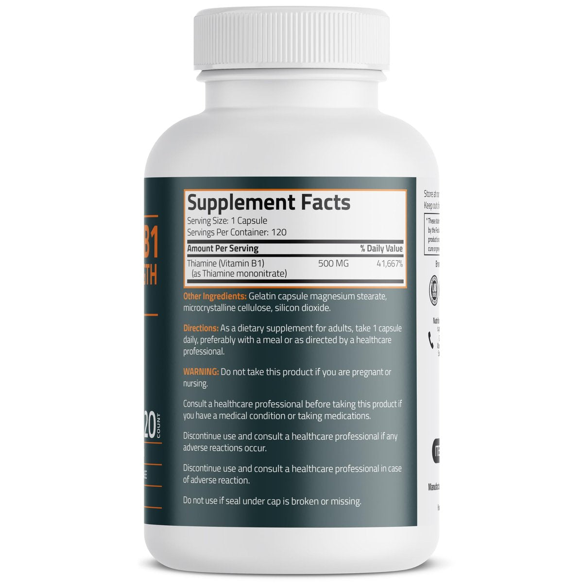Bronson Vitamin B1 Extra Strength 500 mg – Hochdosiertes Thiamin, Non-GMO, 120 Kapseln