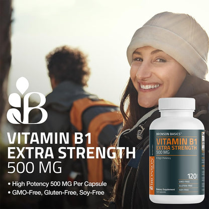 Bronson Vitamin B1 Extra Strength 500 mg – Hochdosiertes Thiamin, Non-GMO, 120 Kapseln