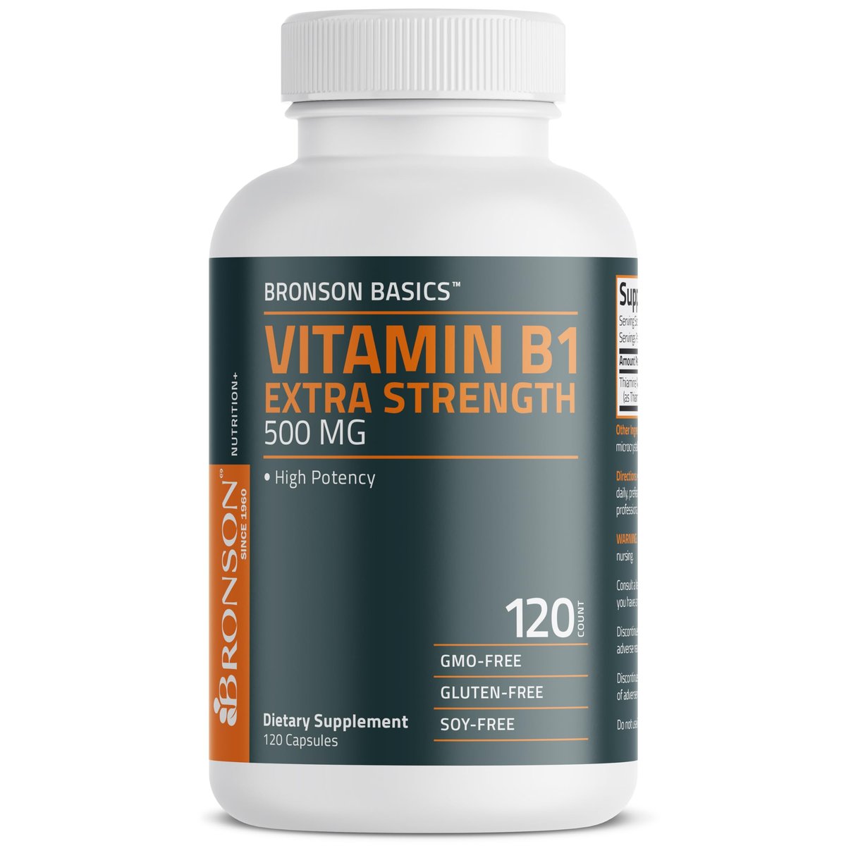 Bronson Vitamin B1 Extra Strength 500 mg – Hochdosiertes Thiamin, Non-GMO, 120 Kapseln