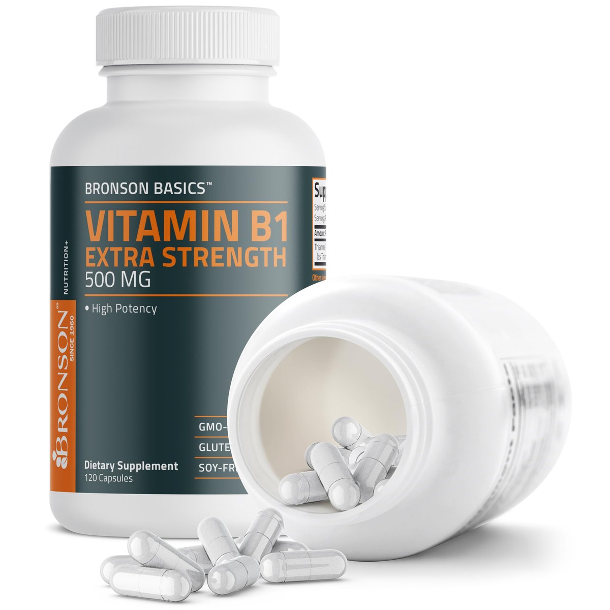 Bronson Vitamin B1 Extra Strength 500 mg – Hochdosiertes Thiamin, Non-GMO, 120 Kapseln