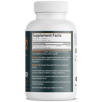 Bronson Vitamin B1 Extra Strength 500 mg – Hochdosiertes Thiamin, Non-GMO, 120 Kapseln