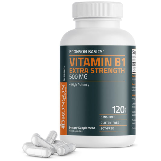 Bronson Vitamin B1 Extra Strength 500 mg – Hochdosiertes Thiamin, Non-GMO, 120 Kapseln