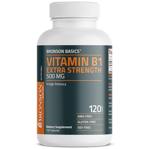 Bronson Vitamin B1 Extra Strength 500 mg – Hochdosiertes Thiamin, Non-GMO, 120 Kapseln