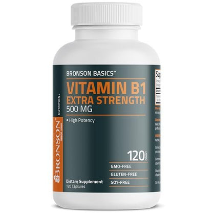 Bronson Vitamin B1 Extra Strength 500 mg – Hochdosiertes Thiamin, Non-GMO, 120 Kapseln
