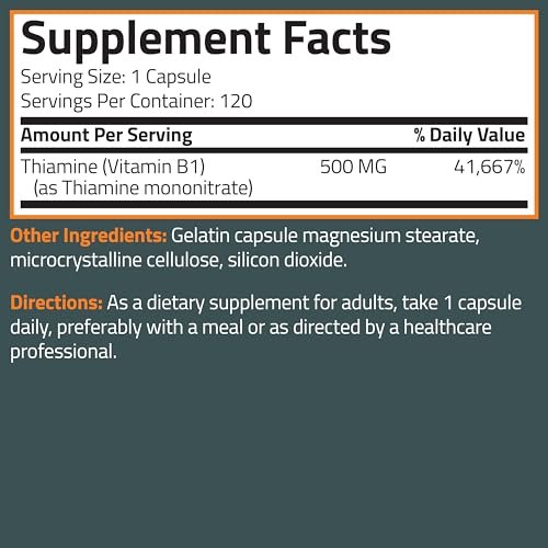 Bronson Vitamin B1 Extra Strength 500 mg – Hochdosiertes Thiamin, Non-GMO, 120 Kapseln