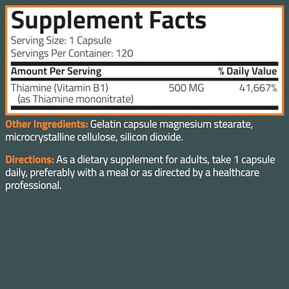 Bronson Vitamin B1 Extra Strength 500 mg – Hochdosiertes Thiamin, Non-GMO, 120 Kapseln