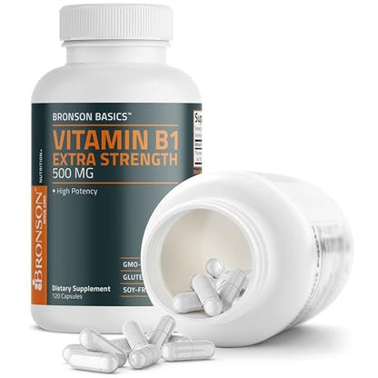 Bronson Vitamin B1 Extra Strength 500 mg – Hochdosiertes Thiamin, Non-GMO, 120 Kapseln