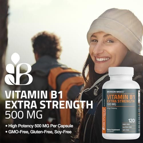 Bronson Vitamin B1 Extra Strength 500 mg – Hochdosiertes Thiamin, Non-GMO, 120 Kapseln