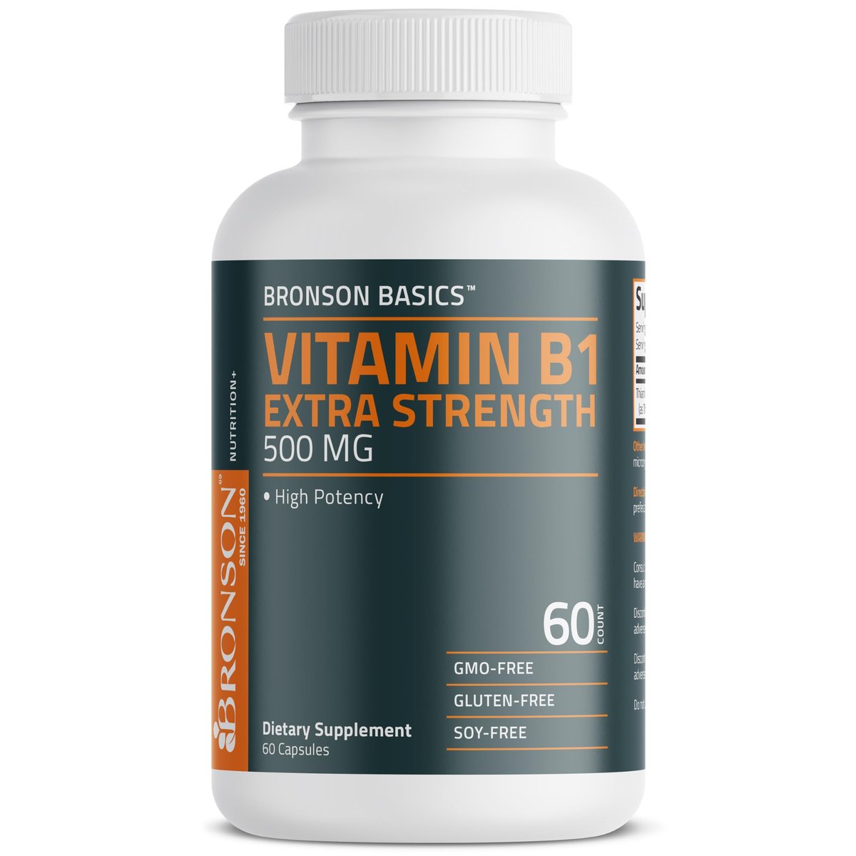 Bronson Vitamin B1 Extra Strength 500 mg – Hochdosiertes Thiamin, Nicht-GVO, 60 Kapseln
