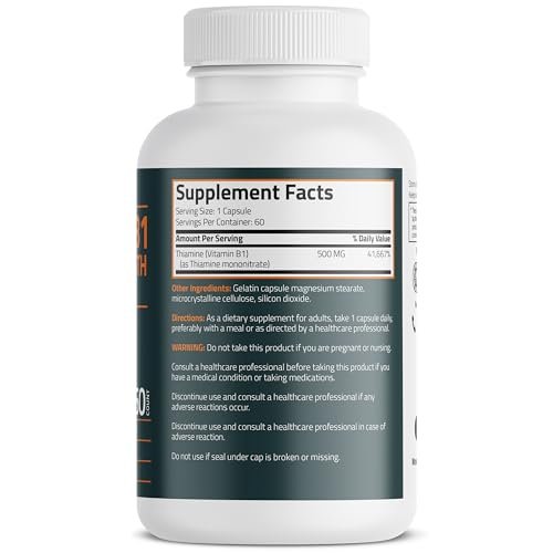 Bronson Vitamin B1 Extra Strength 500 mg – Hochdosiertes Thiamin, Nicht-GVO, 60 Kapseln